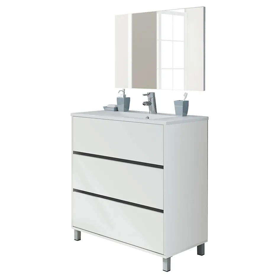 Pegane Meuble de salle de bain avec 3 portes coloris blanc - Hauteur 88 x Longueur 81 x Profondeur 47 cm