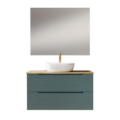 Kibath Meuble de salle de bain avec vasque, miroir et applique LED BOREAL 100x45 cm finition Bleu Océan mat 2 tiroirs suspendus* Ensemble Meuble De Salle De Bains