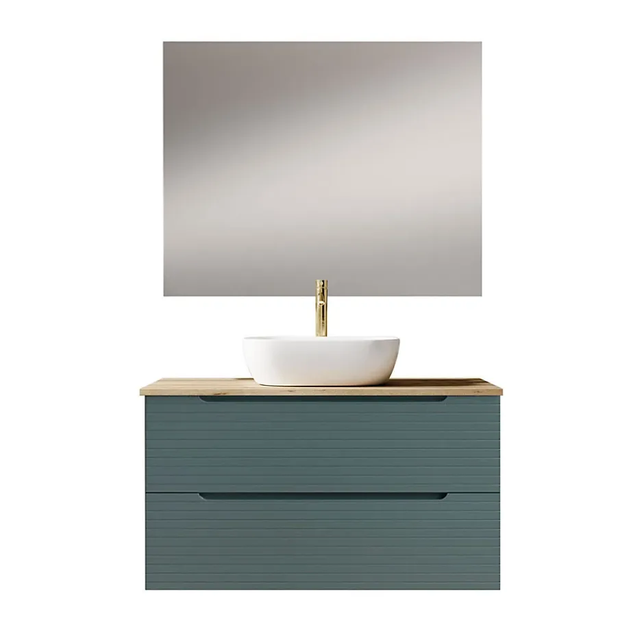 Kibath Meuble de salle de bain avec vasque, miroir et applique LED BOREAL 100x45 cm finition Bleu Océan mat 2 tiroirs suspendus* Ensemble Meuble De Salle De Bains