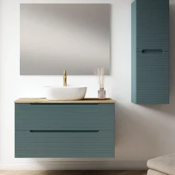 Kibath Meuble de salle de bain avec vasque, miroir et applique LED BOREAL 100x45 cm finition Bleu Océan mat 2 tiroirs suspendus* Ensemble Meuble De Salle De Bains