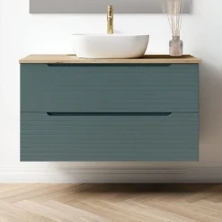 Kibath Meuble de salle de bain avec vasque, miroir et applique LED BOREAL 100x45 cm finition Bleu Océan mat 2 tiroirs suspendus* Ensemble Meuble De Salle De Bains