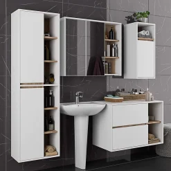 3xE Living Meuble de salle de bain, blanc/chêne Sonoma, 50 x 170 x 30 cm