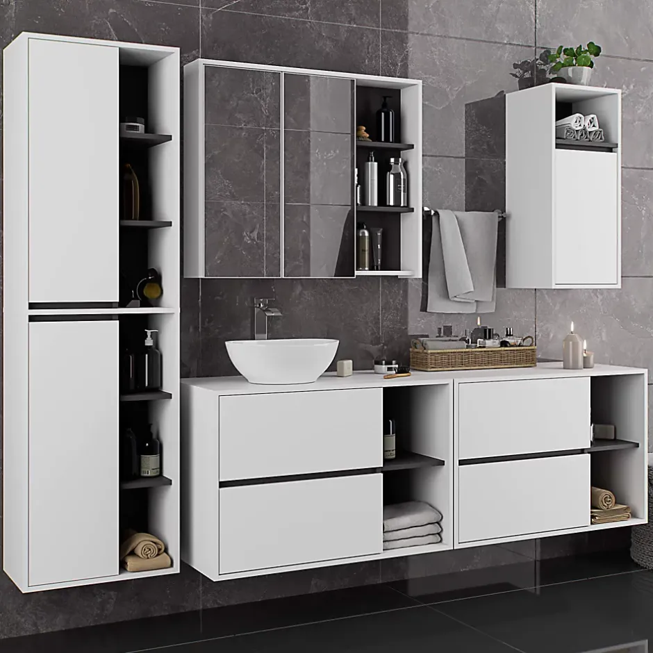 3xE Living Meuble de salle de bain, blanc/gris graphite, 90 x 75 x 15 cm