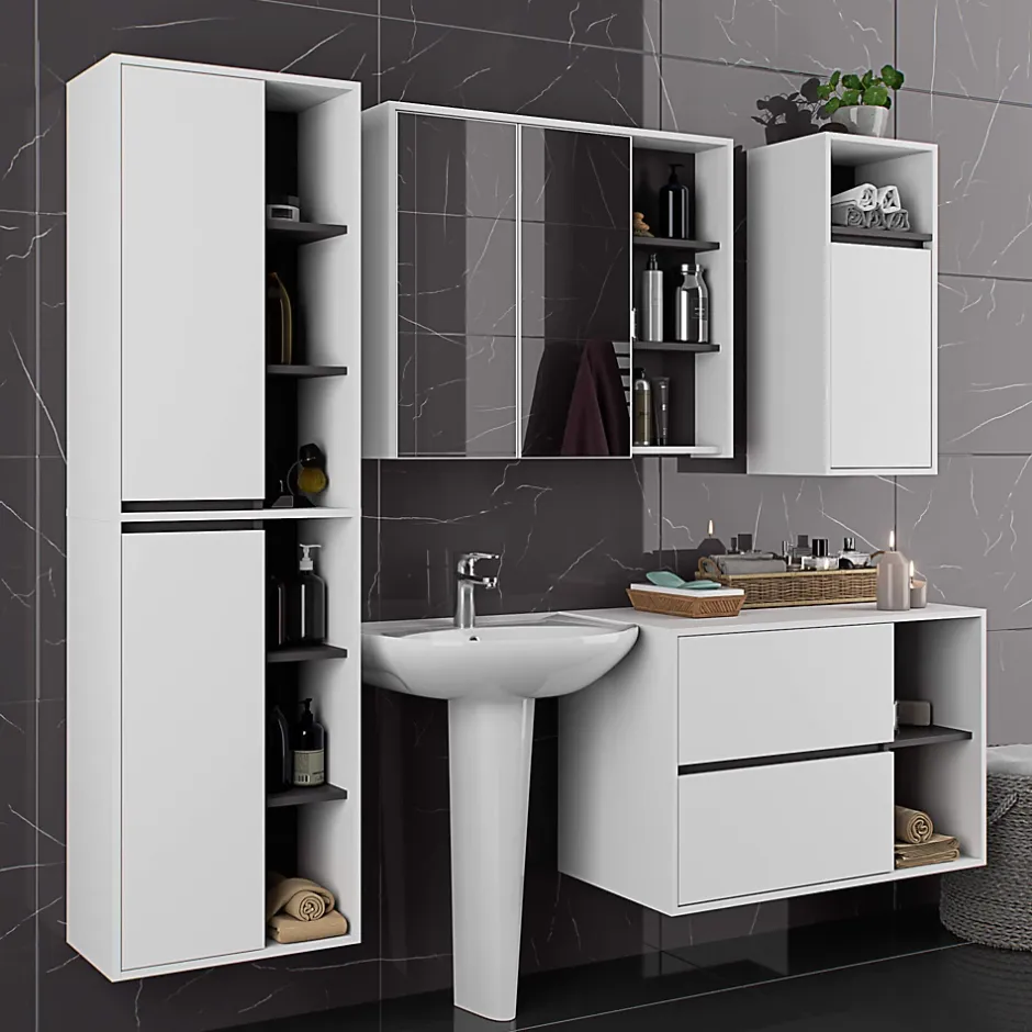 3xE Living Meuble de salle de bain, blanc/gris graphite, 90 x 75 x 15 cm