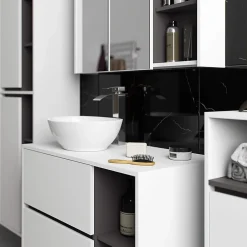 3xE Living Meuble de salle de bain, blanc/gris graphite, 90 x 75 x 15 cm