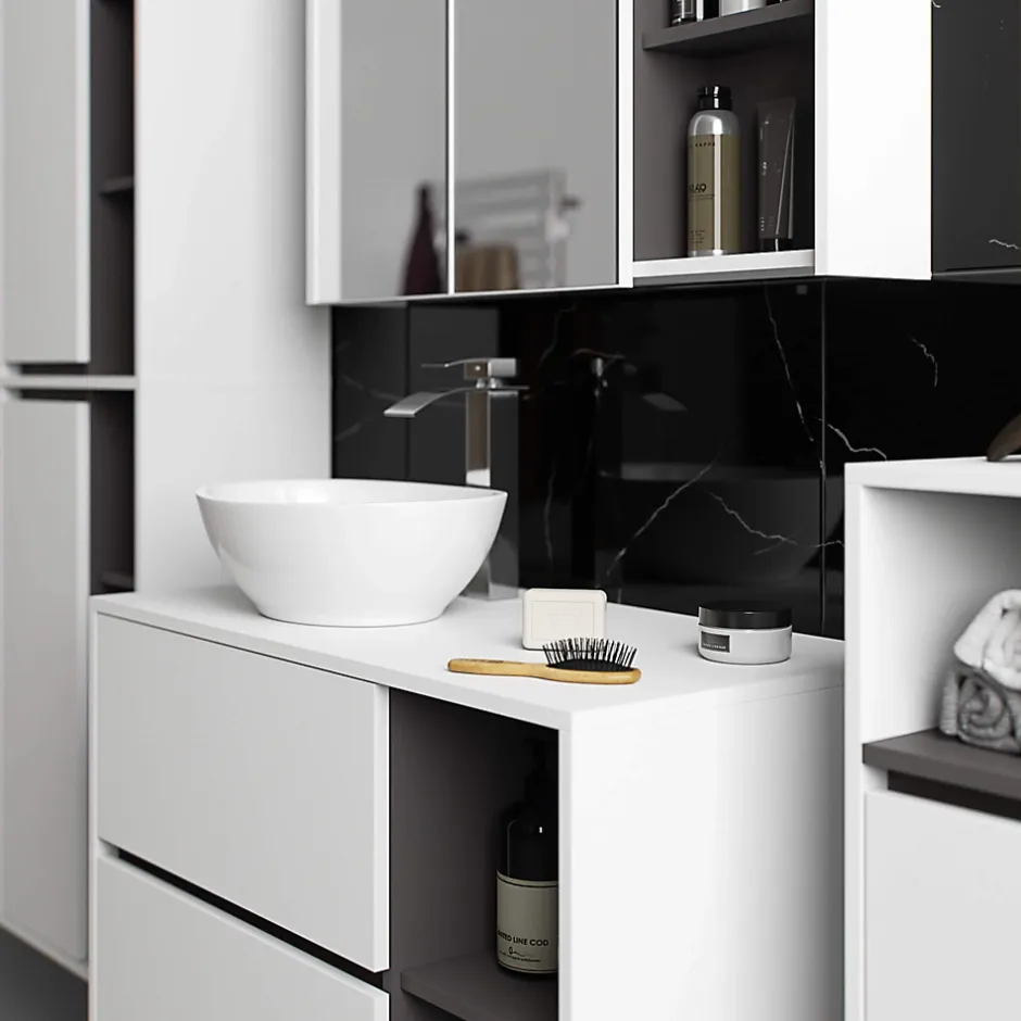 3xE Living Meuble de salle de bain, blanc/gris graphite, 90 x 75 x 15 cm