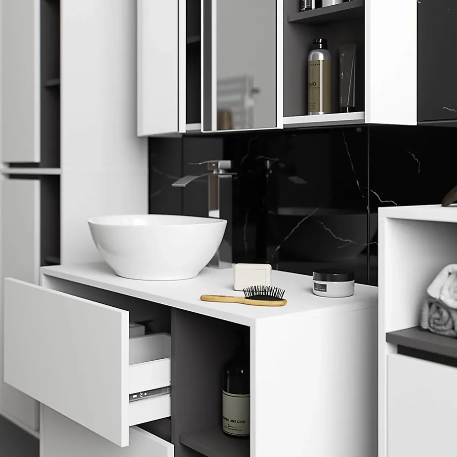3xE Living Meuble de salle de bain, blanc/gris graphite, 90 x 75 x 15 cm