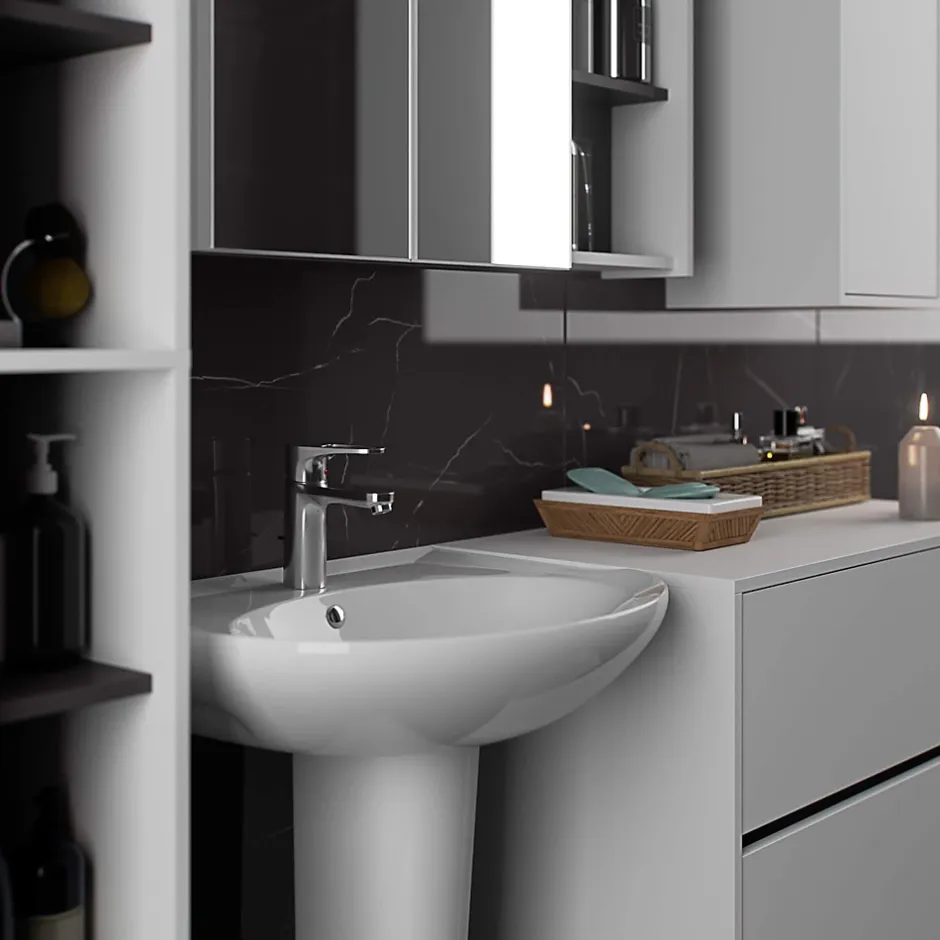 3xE Living Meuble de salle de bain, blanc/gris graphite, 90 x 75 x 15 cm
