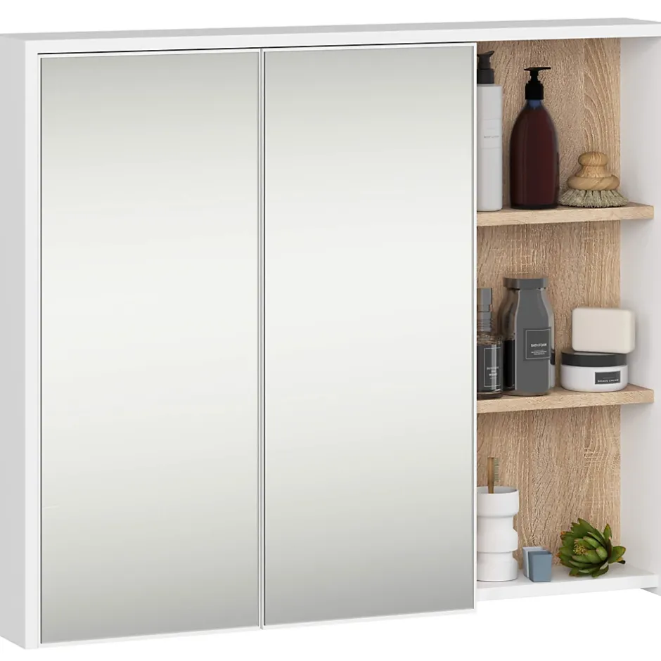 3xE Living Meuble de salle de bain, blanc/chêne Sonoma, 90 x 75 x 15 cm* Armoire De Toilette