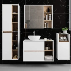 3xE Living Meuble de salle de bain, blanc/chêne Sonoma, 90 x 75 x 15 cm* Armoire De Toilette