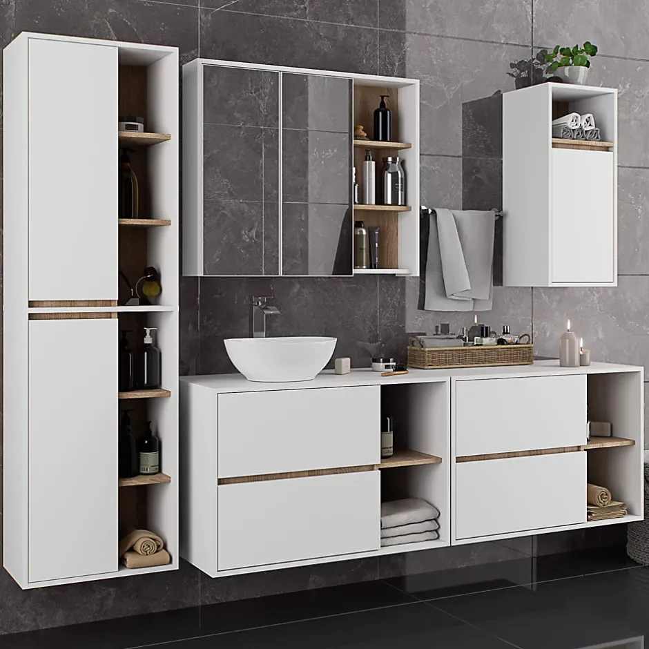 3xE Living Meuble de salle de bain, blanc/chêne Sonoma, 90 x 75 x 15 cm* Armoire De Toilette