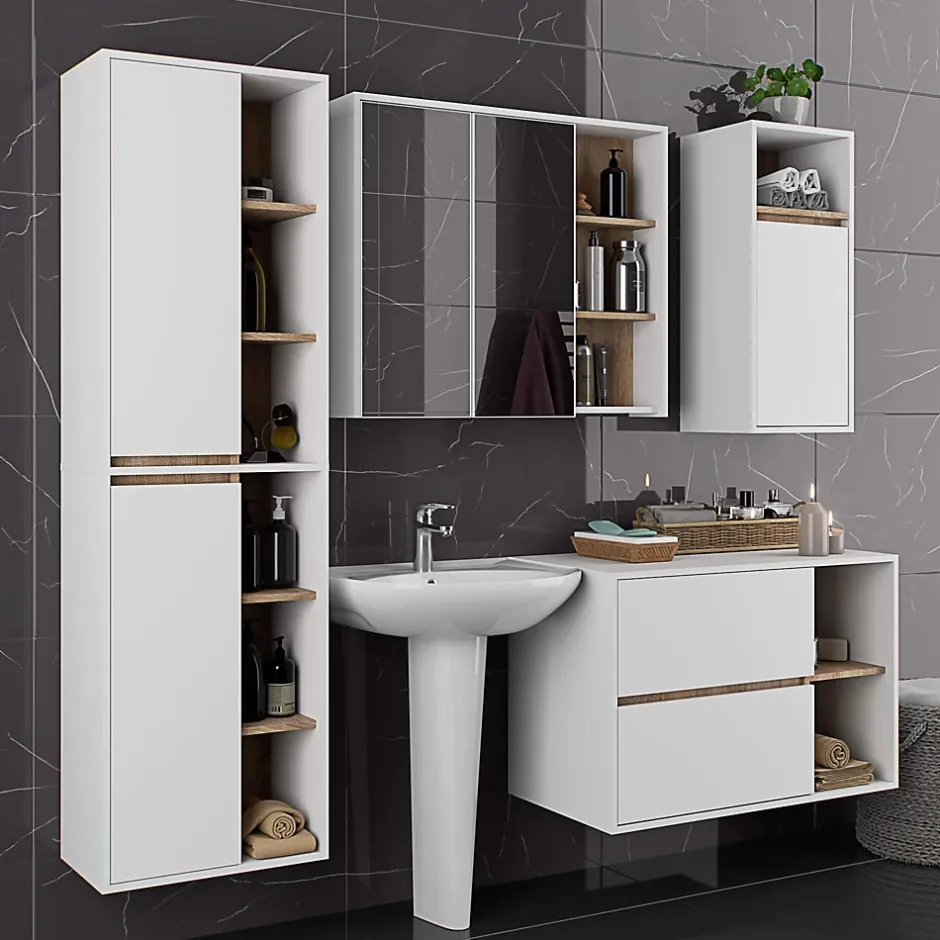 3xE Living Meuble de salle de bain, blanc/chêne Sonoma, 90 x 75 x 15 cm* Armoire De Toilette