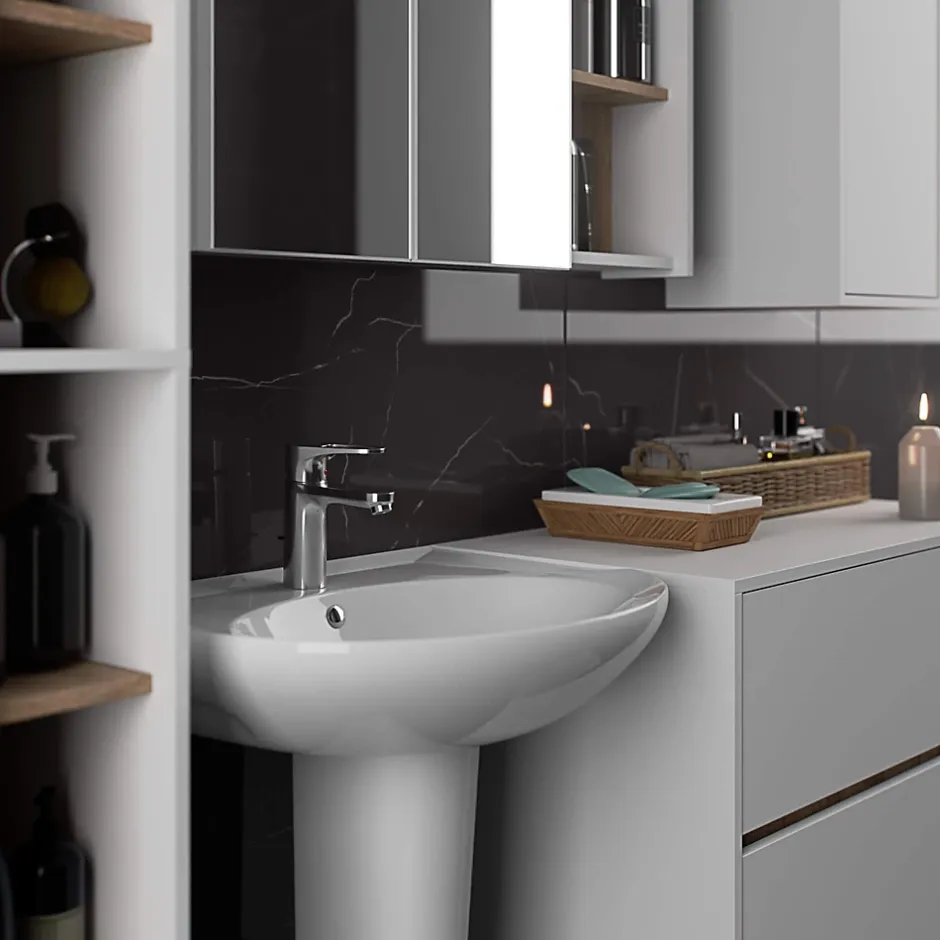 3xE Living Meuble de salle de bain, blanc/chêne Sonoma, 90 x 75 x 15 cm* Armoire De Toilette