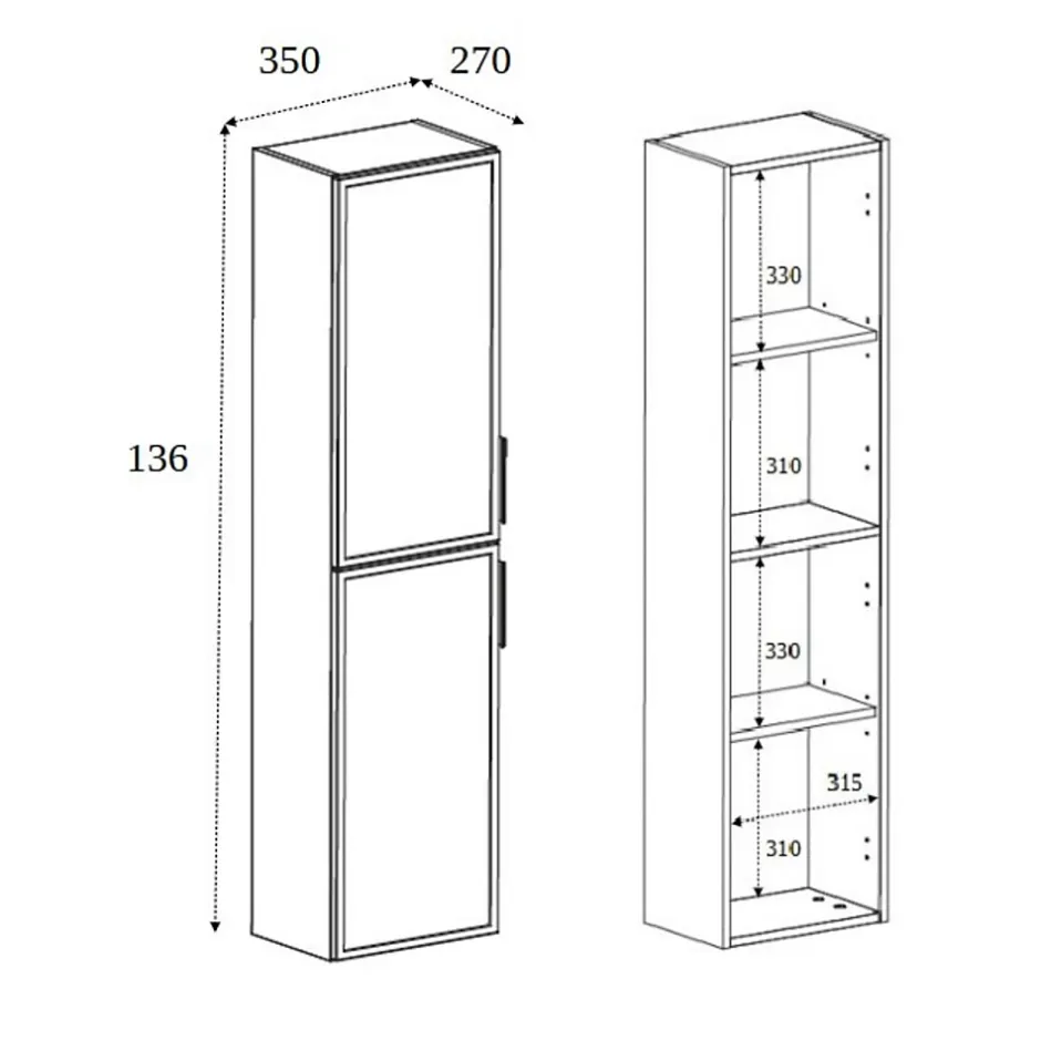3xE Living Meuble de salle de bain, Chêne Craft, poignée dorée, 35 x 136 x 27 cm