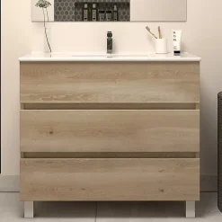 Cosyneo Meuble de salle de bain 80cm simple vasque - sans miroir - 3 tiroirs - nebraska (bois clair) - MAYOR* Meuble Vasque