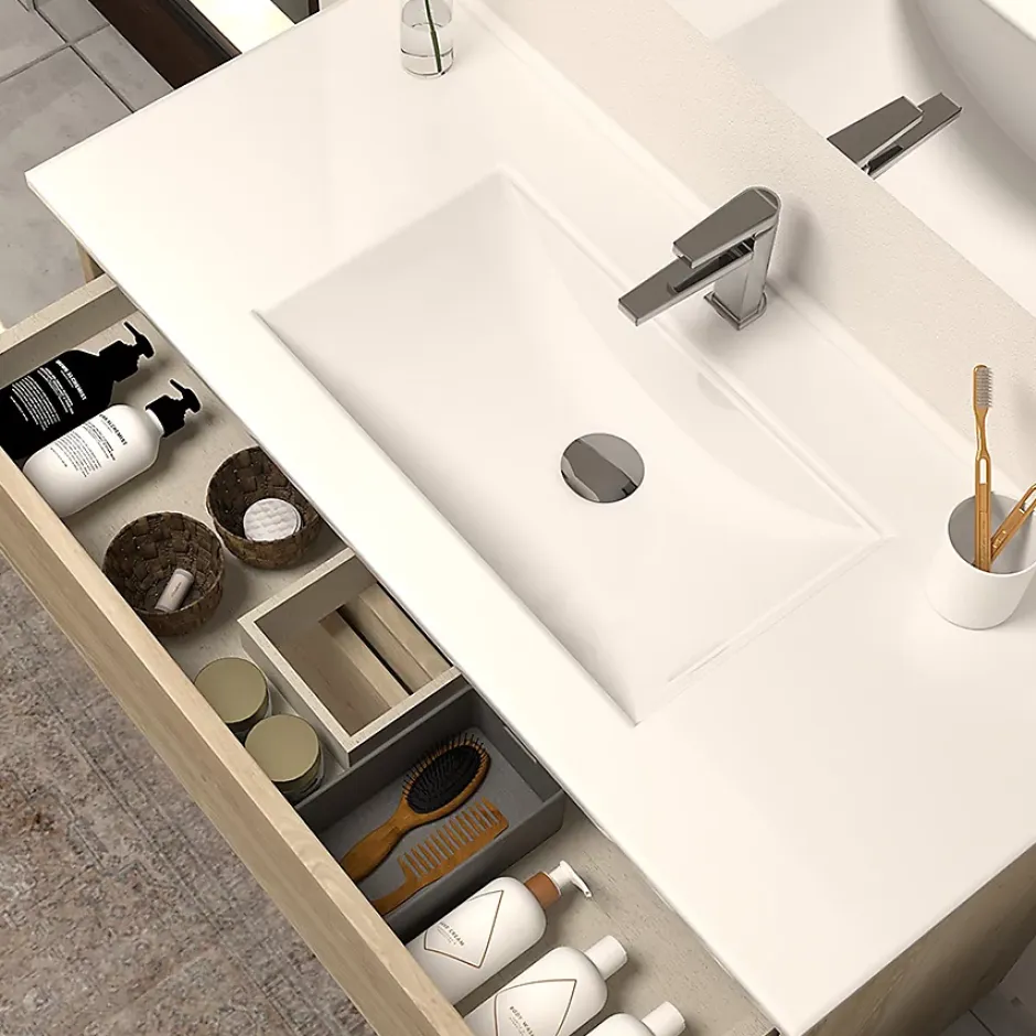 Cosyneo Meuble de salle de bain 80cm simple vasque - sans miroir - 3 tiroirs - nebraska (bois clair) - MAYOR* Meuble Vasque