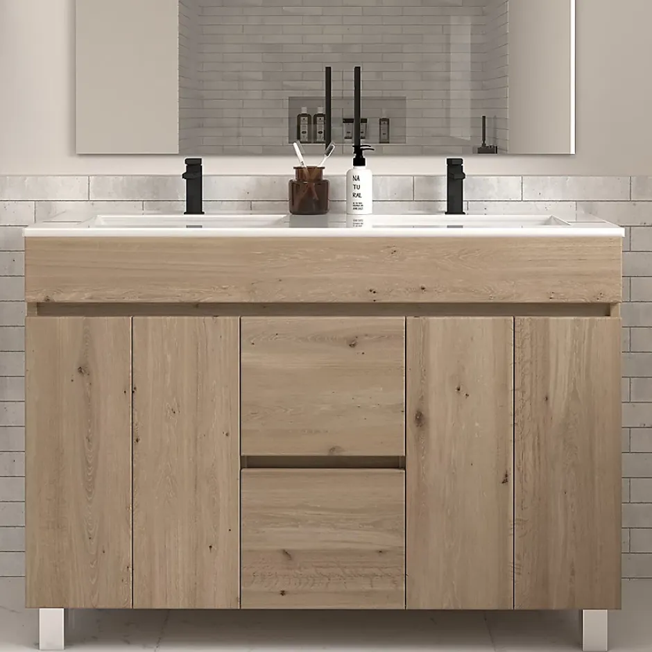 Cosyneo Meuble de salle de bain 120cm double vasque sans miroir sur pieds avec portes et tiroirs - cambrian (chêne clair) - HARO