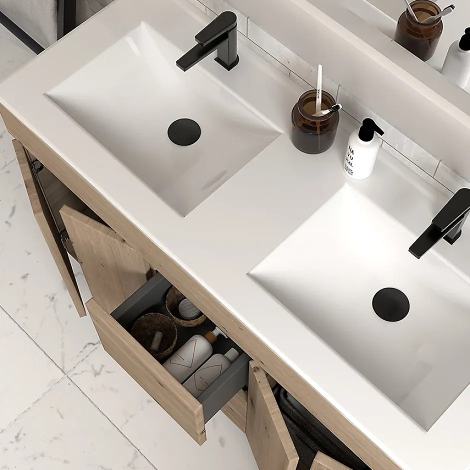 Cosyneo Meuble de salle de bain 120cm double vasque sans miroir sur pieds avec portes et tiroirs - cambrian (chêne clair) - HARO