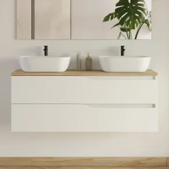 Cosyneo Meuble de salle de bain 120cm avec plateau miel et 2 vasques à poser Zeus - 2 tiroirs - sans miroir - blanc - LUNA