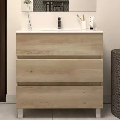 Cosyneo Meuble de salle de bain 60cm simple vasque - 3 tiroirs - nebraska (bois clair) - MAYOR