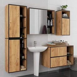 3xE Living Meuble de salle de bain, chêne artisanal/noir, 50 x 170 x 30 cm* Armoire De Salle De Bains
