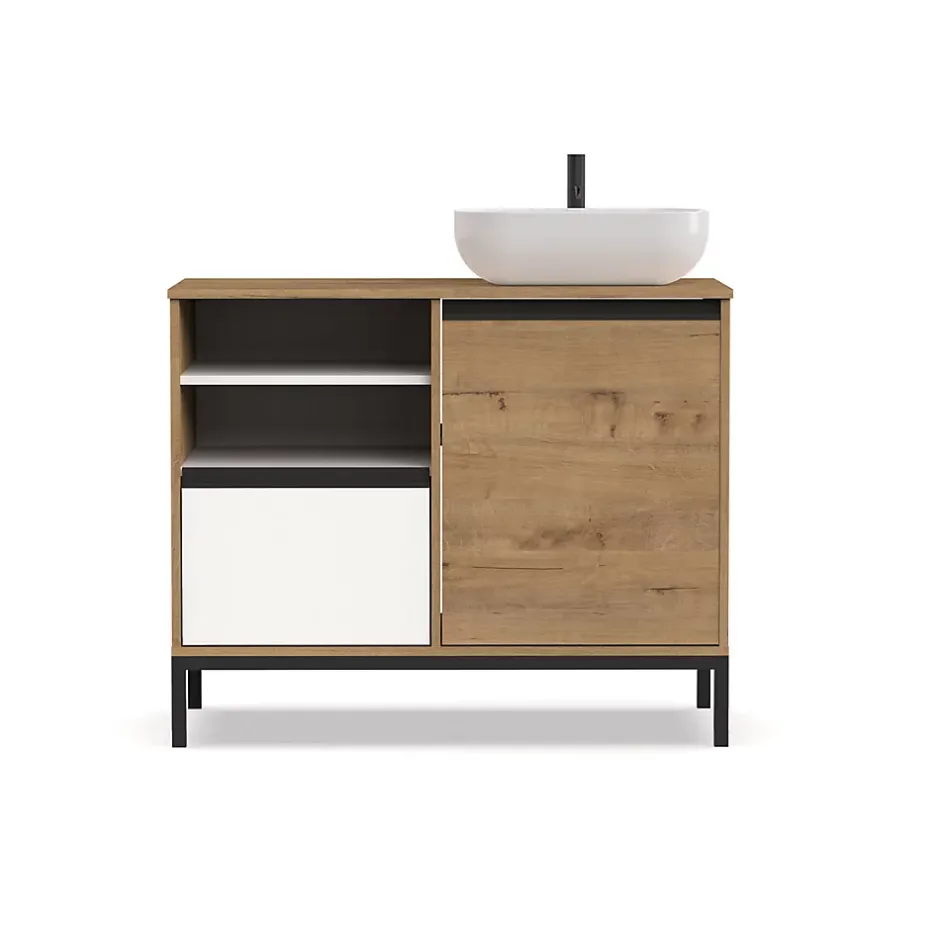 Pegane Meuble de salle de bain coloris chêne doré / pieds noir - Hauteur 81 x Longueur 100 x Profondeur 51 cm
