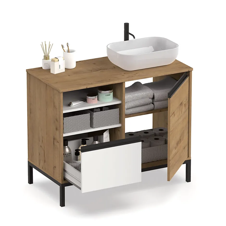 Pegane Meuble de salle de bain coloris chêne doré / pieds noir - Hauteur 81 x Longueur 100 x Profondeur 51 cm