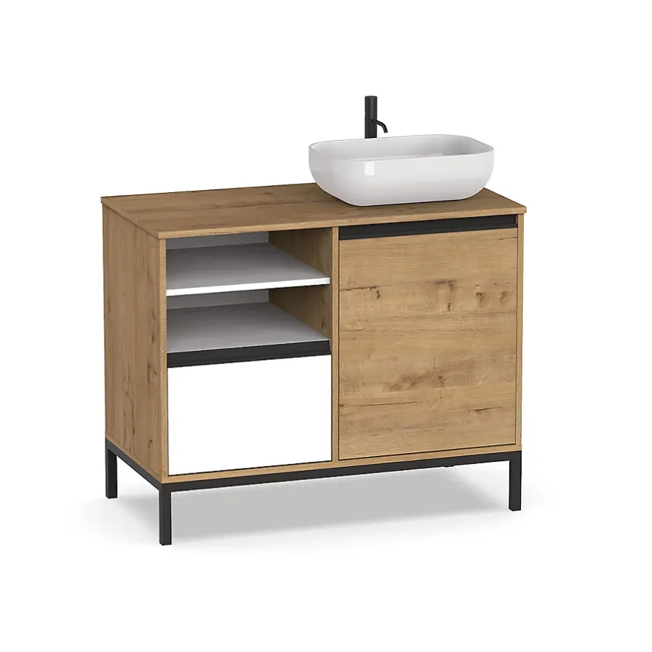 Pegane Meuble de salle de bain coloris chêne doré / pieds noir - Hauteur 81 x Longueur 100 x Profondeur 51 cm