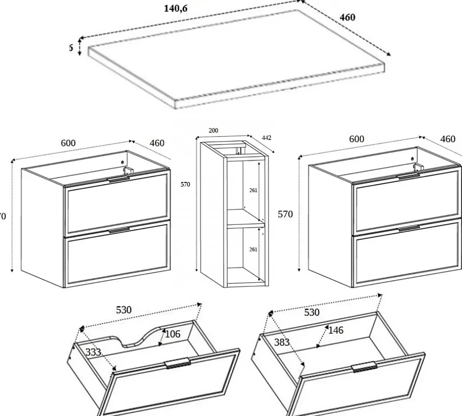 3xE Living Meuble de salle de bain, Chêne Craft, poignée dorée, 140 ( 2 x 60 + 20) x 46 x 57 cm* Lave-Mains