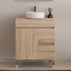 Cosyneo Meuble de salle de bain 80cm sur pieds avec plateau et 1 vasque à poser Ares - sans miroir - portes et tiroirs - cambrian - HARO
