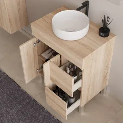 Cosyneo Meuble de salle de bain 80cm sur pieds avec plateau et 1 vasque à poser Ares - sans miroir - portes et tiroirs - cambrian - HARO