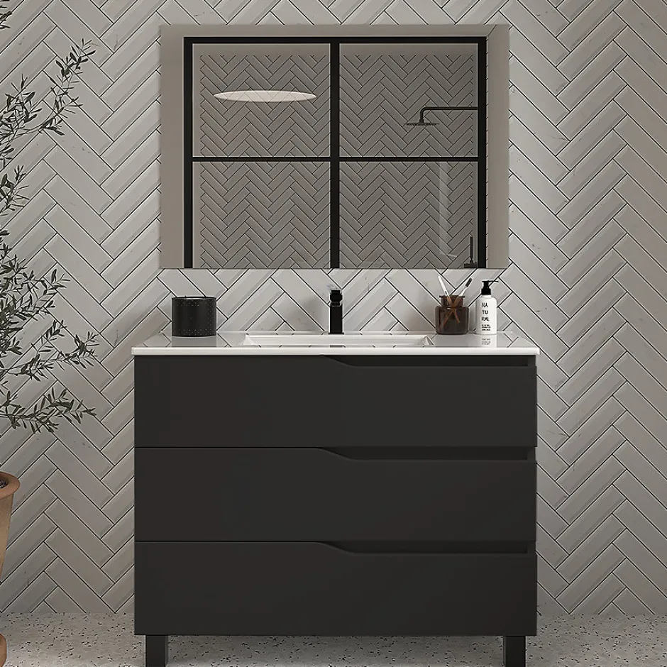 Cosyneo Meuble de salle de bain 90cm simple vasque - 3 tiroirs - noir - MATA
