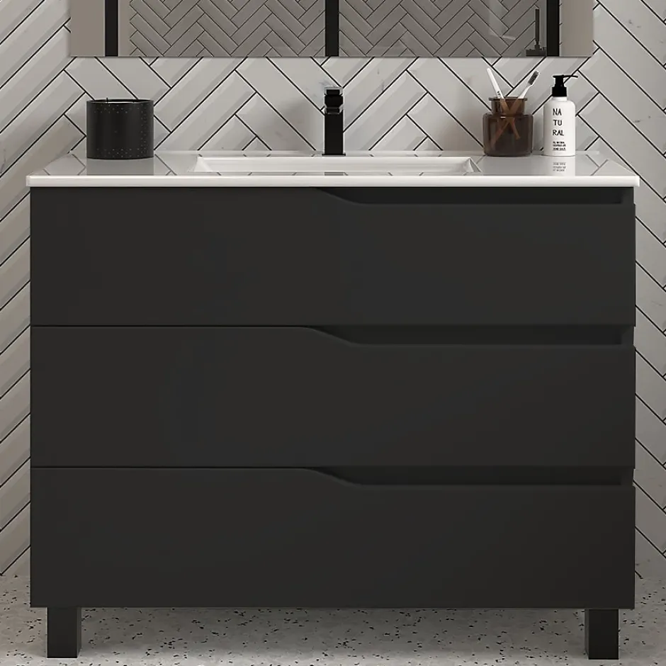 Cosyneo Meuble de salle de bain 90cm simple vasque - 3 tiroirs - noir - MATA