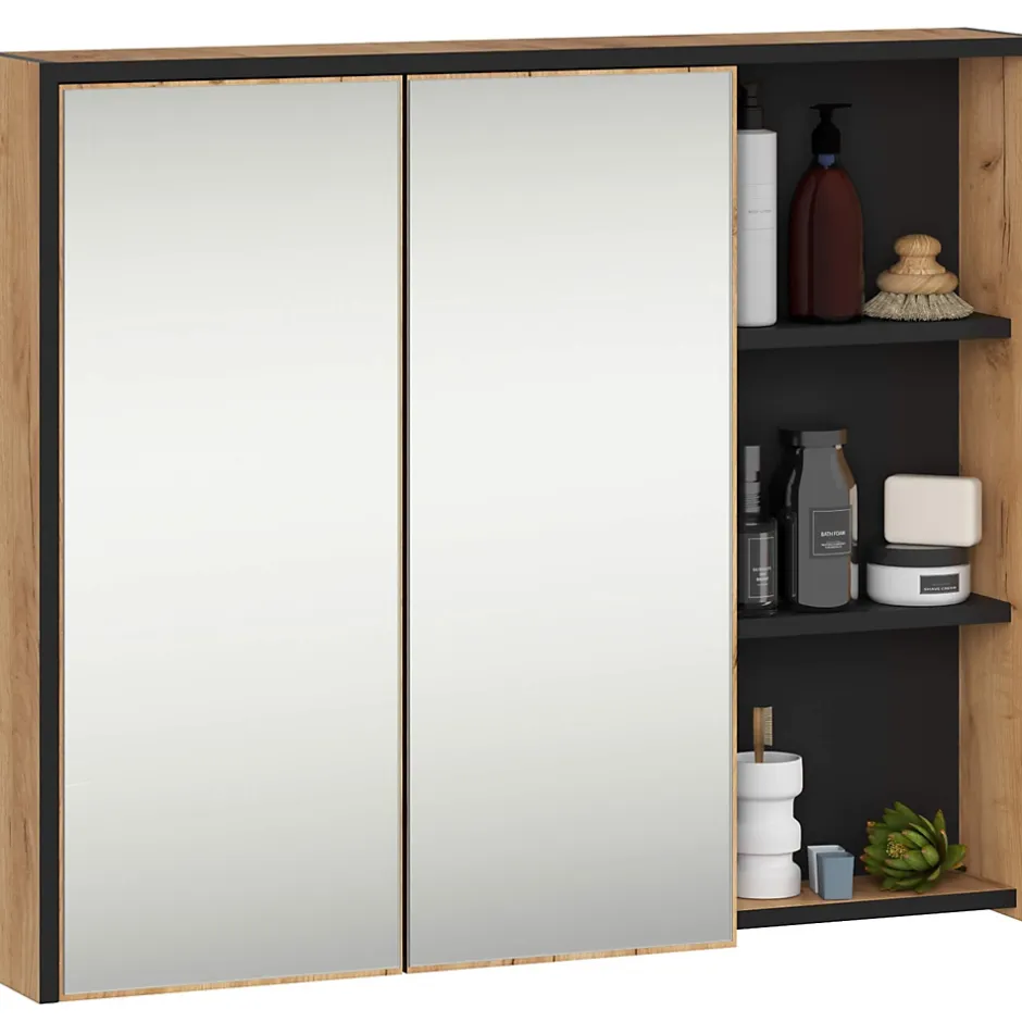 3xE Living Meuble de salle de bain, chêne artisanal/noir, 90 x 75 x 15 cm* Armoire De Toilette