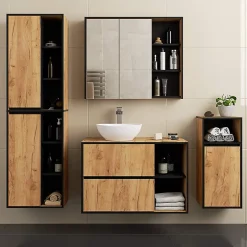 3xE Living Meuble de salle de bain, chêne artisanal/noir, 90 x 75 x 15 cm* Armoire De Toilette