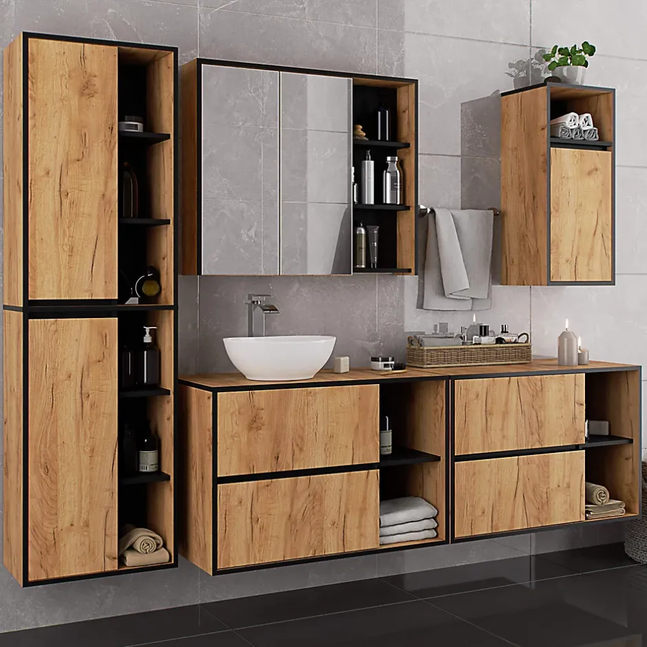 3xE Living Meuble de salle de bain, chêne artisanal/noir, 90 x 75 x 15 cm* Armoire De Toilette