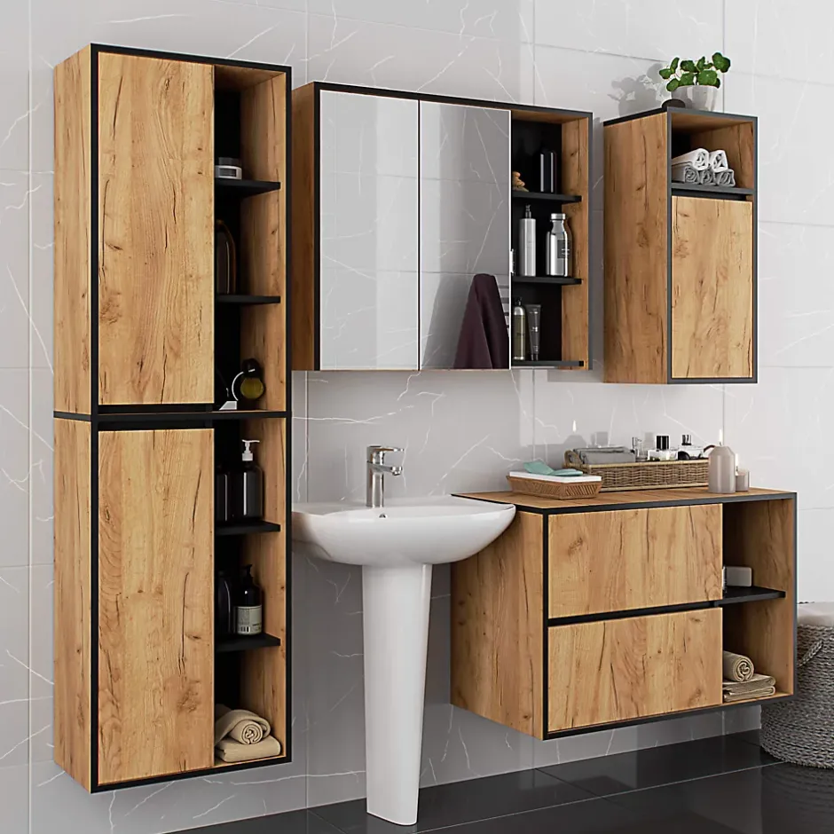 3xE Living Meuble de salle de bain, chêne artisanal/noir, 90 x 75 x 15 cm* Armoire De Toilette