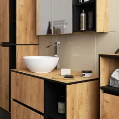 3xE Living Meuble de salle de bain, chêne artisanal/noir, 90 x 75 x 15 cm* Armoire De Toilette