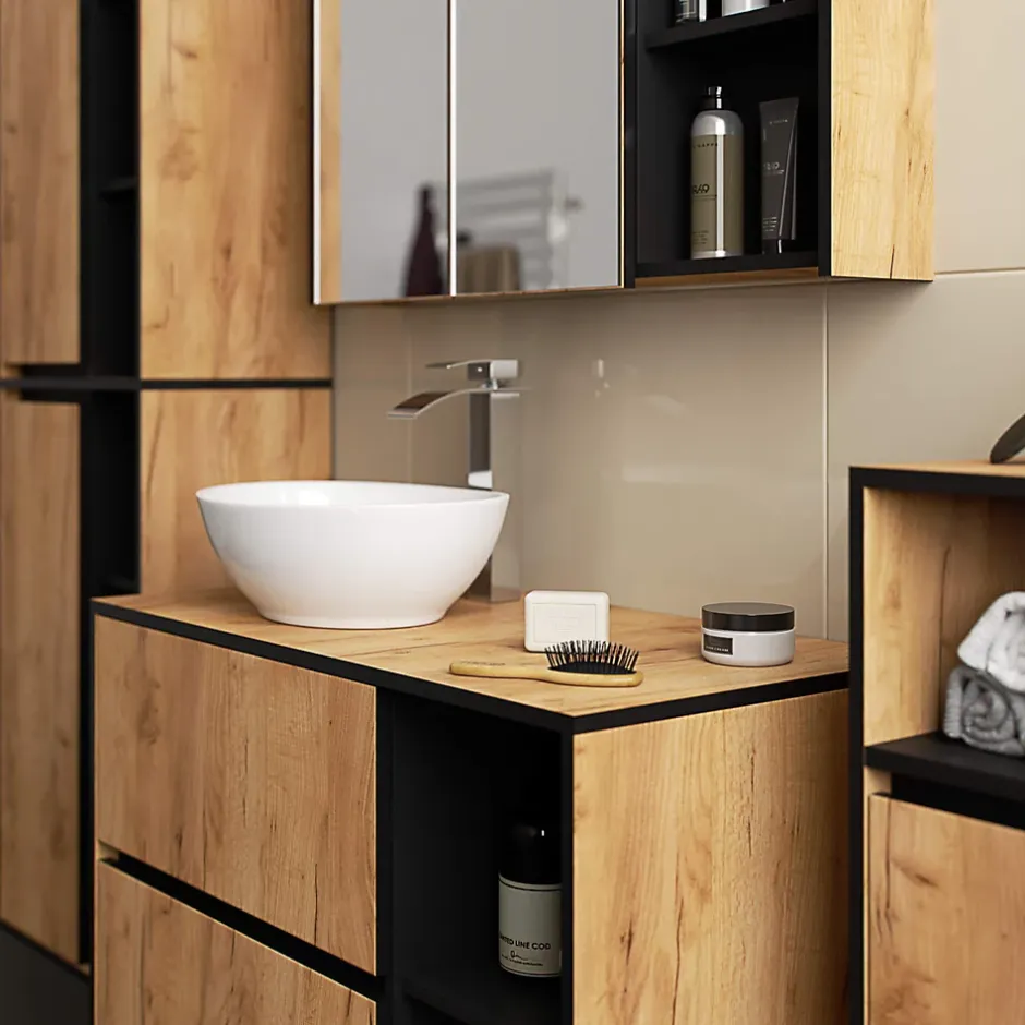 3xE Living Meuble de salle de bain, chêne artisanal/noir, 90 x 75 x 15 cm* Armoire De Toilette