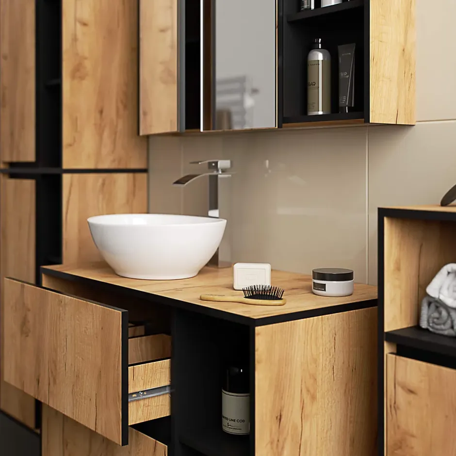 3xE Living Meuble de salle de bain, chêne artisanal/noir, 90 x 75 x 15 cm* Armoire De Toilette