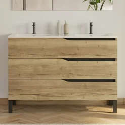 Cosyneo Meuble de salle de bain 120cm avec plan double vasque - 3 tiroirs - sans miroir - madera miel (bois clair) - MATA