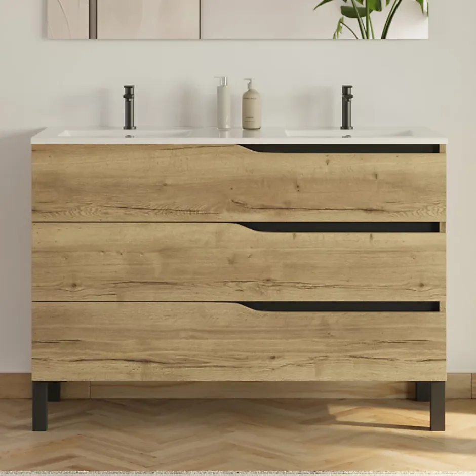 Cosyneo Meuble de salle de bain 120cm avec plan double vasque - 3 tiroirs - sans miroir - madera miel (bois clair) - MATA