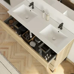 Cosyneo Meuble de salle de bain 120cm avec plan double vasque - 3 tiroirs - sans miroir - madera miel (bois clair) - MATA
