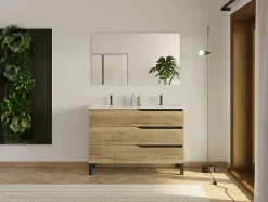 Cosyneo Meuble de salle de bain 120cm avec plan double vasque - 3 tiroirs - sans miroir - madera miel (bois clair) - MATA