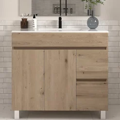 Cosyneo Meuble de salle de bain 80cm simple vasque sans miroir sur pieds avec portes et tiroirs - cambrian (chêne clair) - HARO