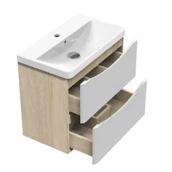 AICA Sanitaire Meuble de salle de bain 60cm avec 2 tiroirs, suspendu Blanc + Chêne