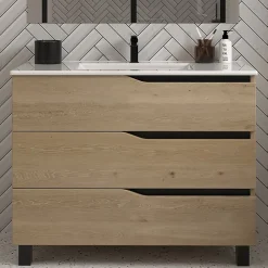 Cosyneo Meuble de salle de bain 90cm simple vasque - 3 tiroirs - sans miroir - madera miel (chêne clair) - MATA* Meuble Vasque