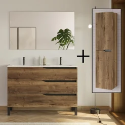 Cosyneo Meuble de salle de bain 120cm avec double vasque - 3 tiroirs et colonne de rangement - tabaco (chêne foncé) - MATA