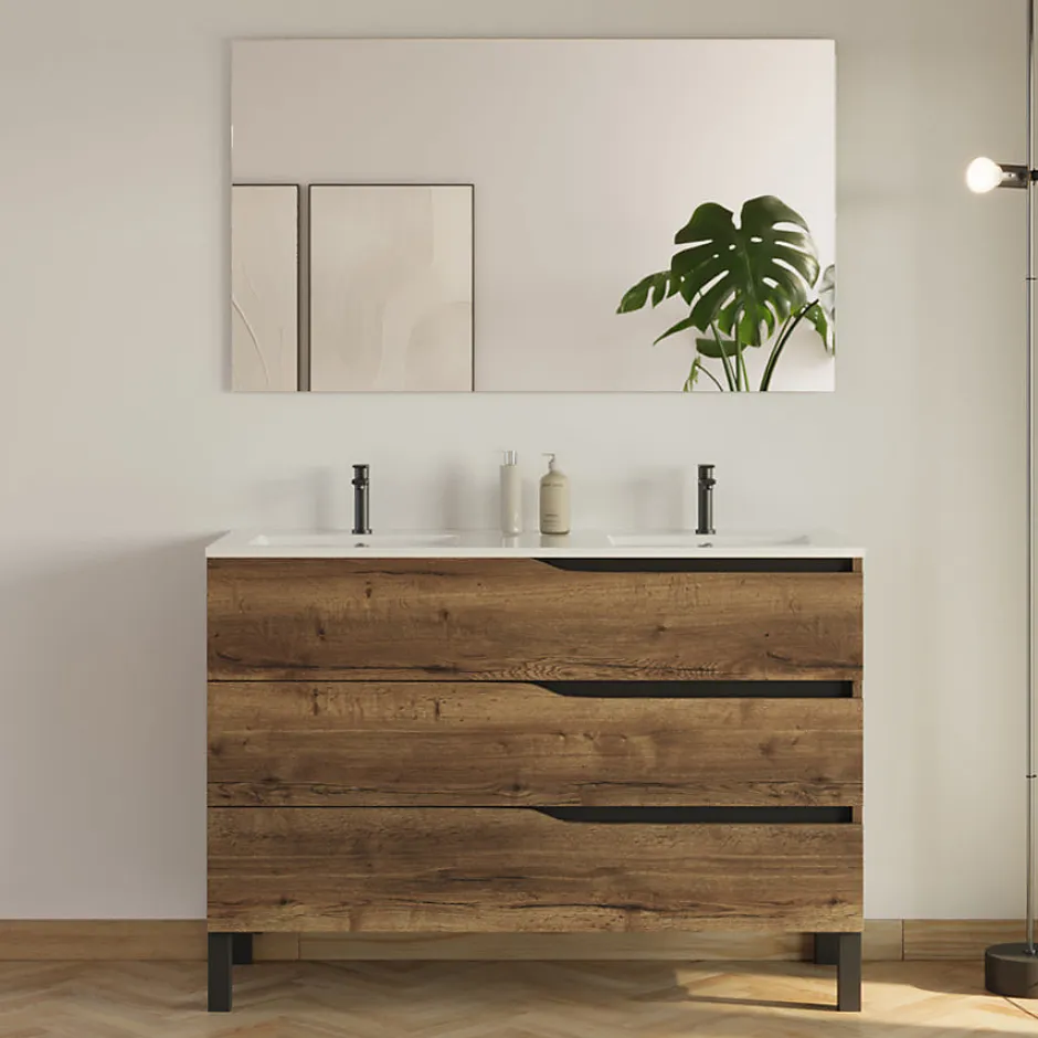 Cosyneo Meuble de salle de bain 120cm avec double vasque - 3 tiroirs et colonne de rangement - tabaco (chêne foncé) - MATA