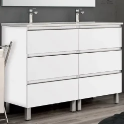 Cosyneo Meuble de salle de bain 140cm double vasque - 6 tiroirs - sans miroir - PALMA - blanc* Ensemble Meuble De Salle De Bains